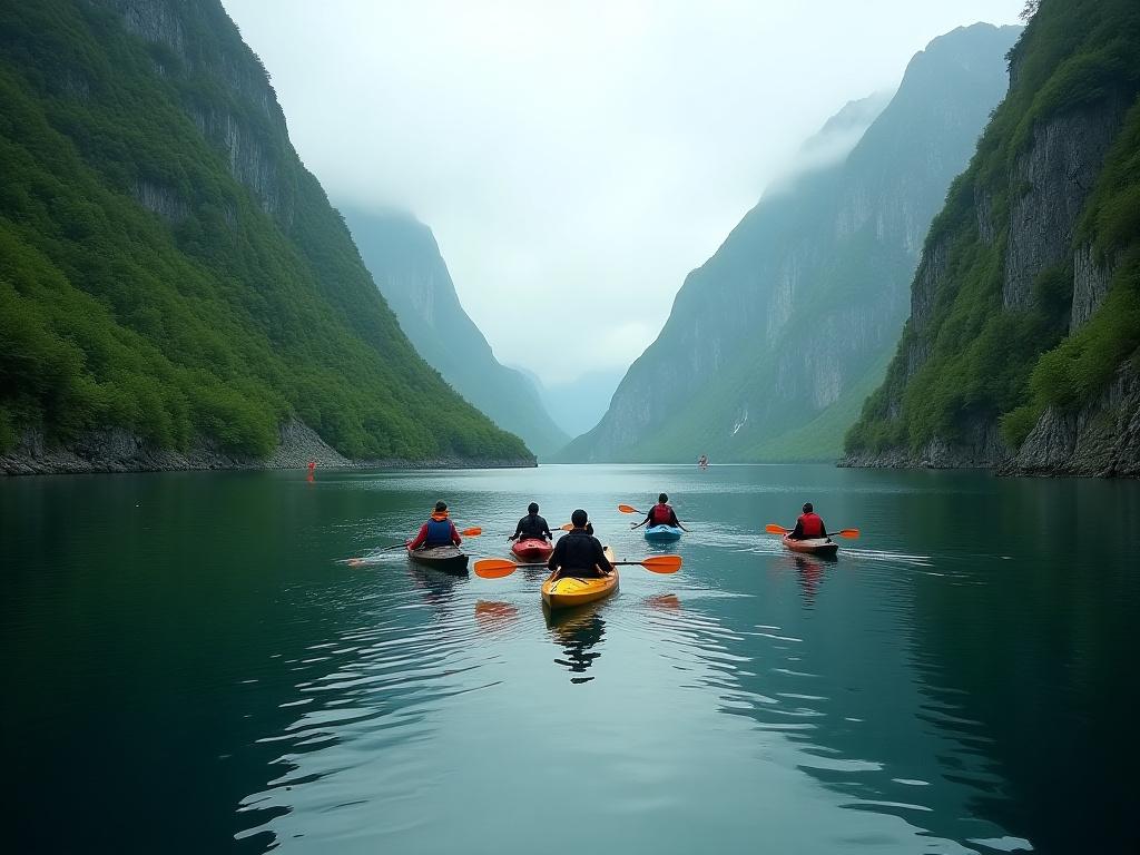 Gruppe som kajakker i en rolig fjord